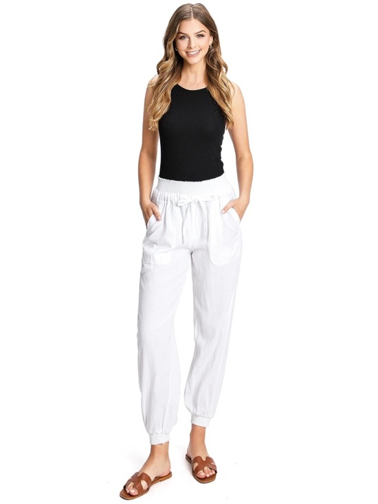 Love Tree Pants - Love Tree High Rise Linen Jogger Pants, White, Size S